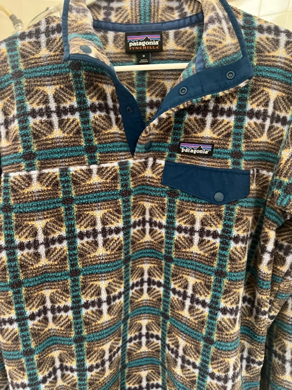 Patagonia Synchilla Teal, Brown & Cream Patterned Fleece Pullover - Picture 3 of 3